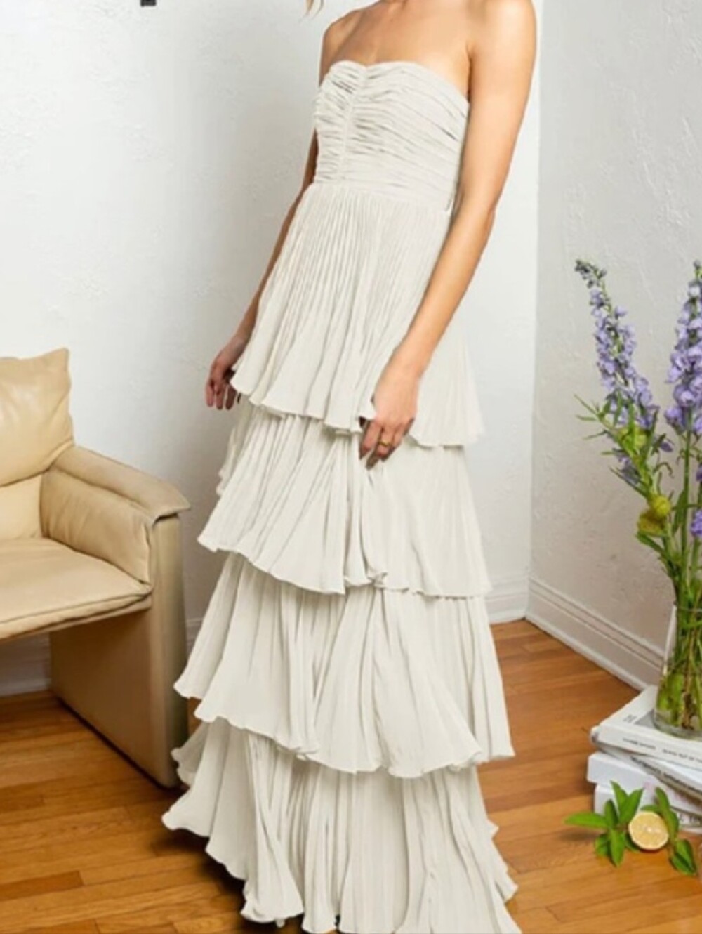 Fame And Partners Miyah Strapless Bride Bridal Pleated Tiered Ivory Dress Size 6